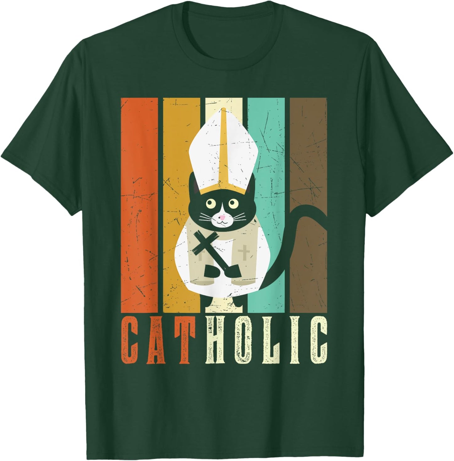 Funny Catholic T Shirts, Cat-holic Cat Lover Retro Vintage T-Shirt - T-Shirt | Forest