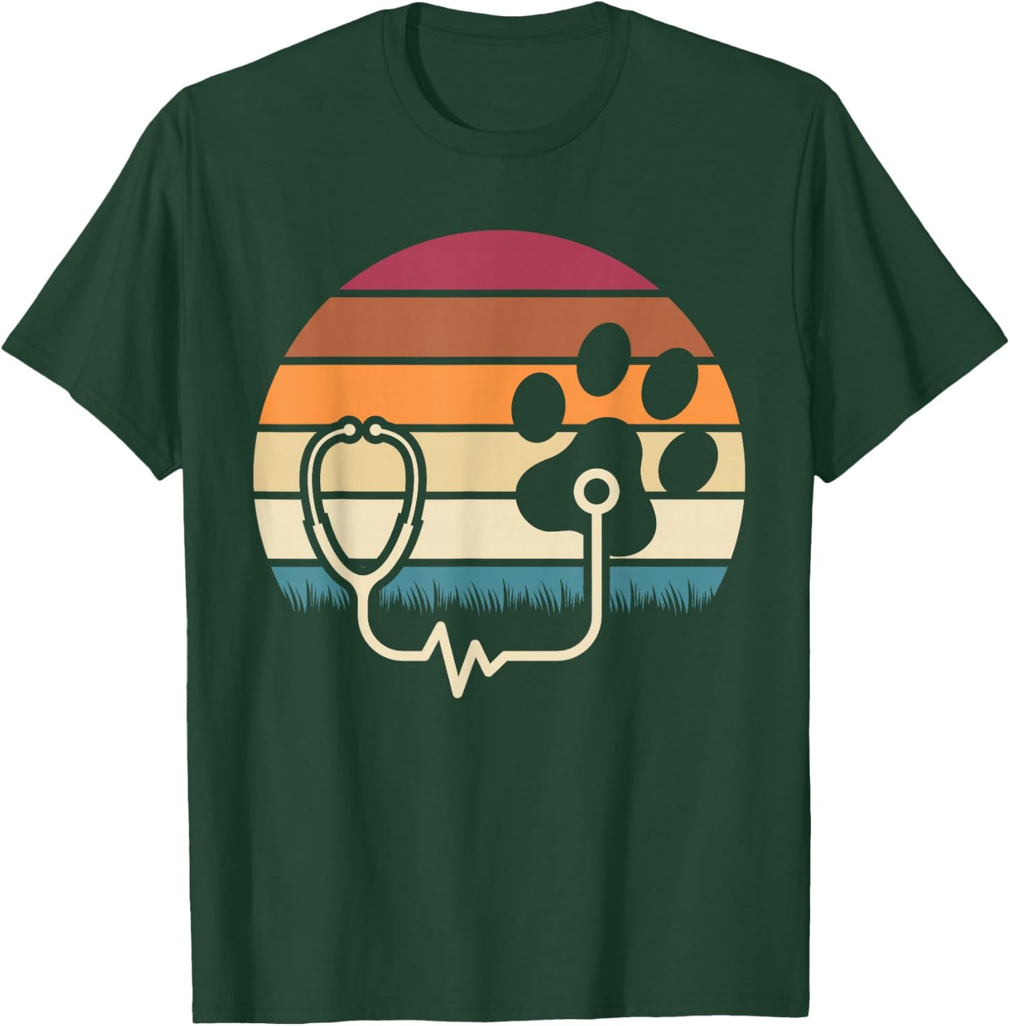 Retro Paw Stethoscope Vet Tech Funny Veterinary Technician T-Shirt - T-Shirt | Forest