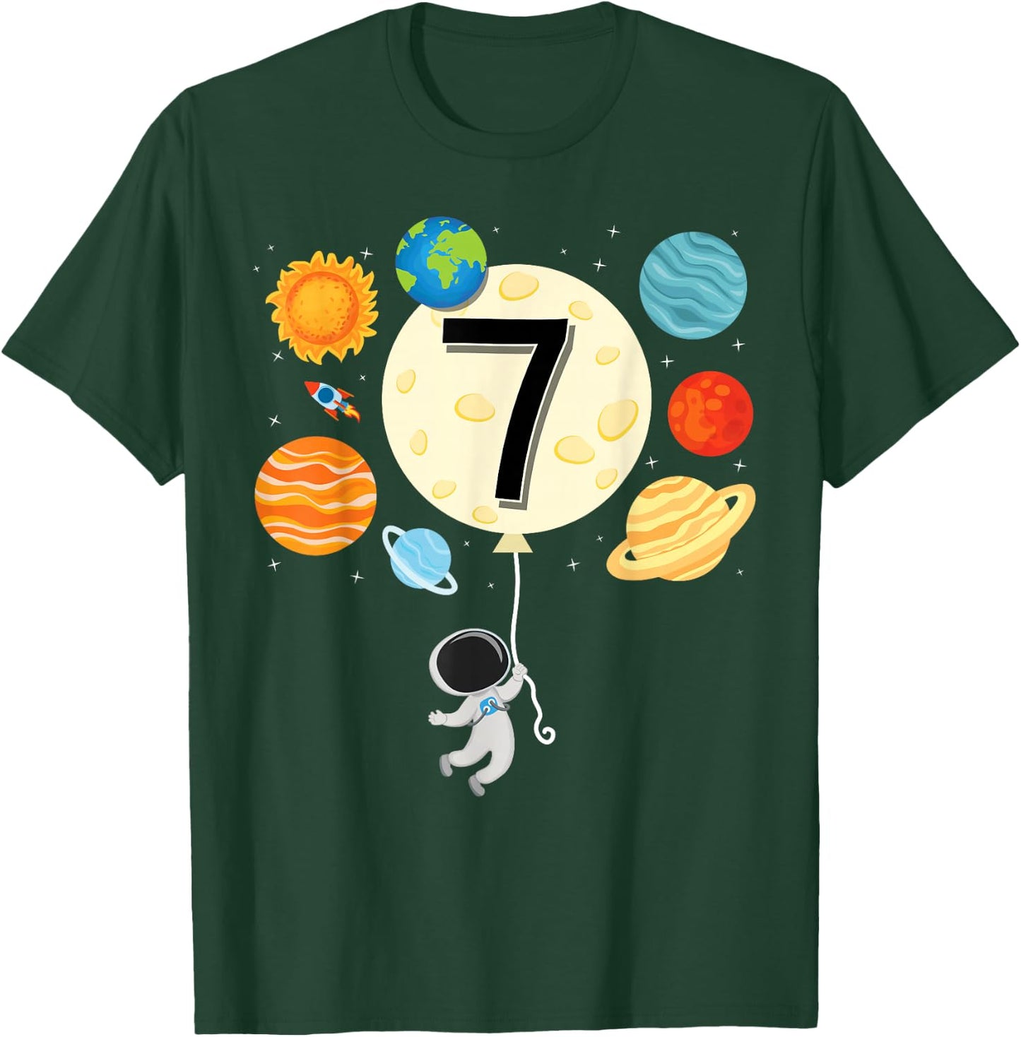 Astronaut Balloon Planets 7th Birthday Space 7 Year Old Kids T-Shirt - T-Shirt | Forest