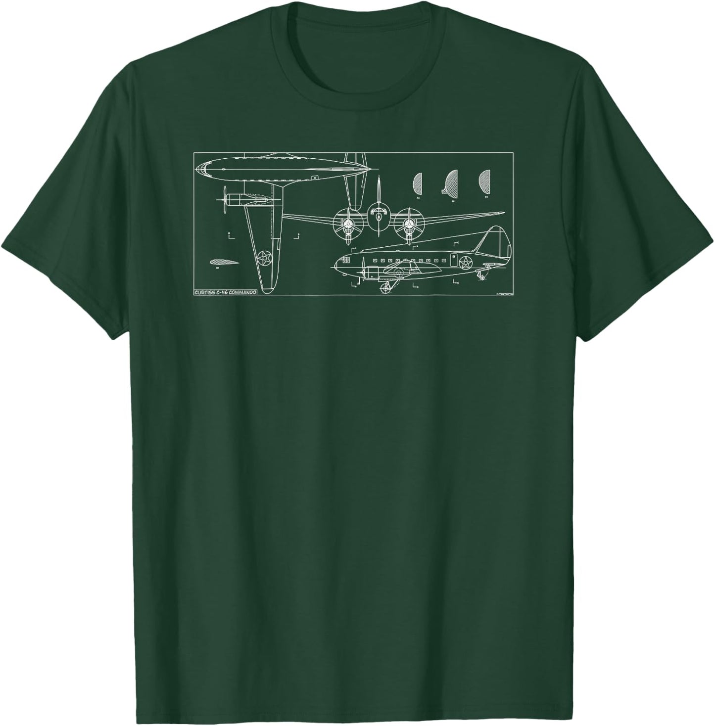C-46 Commando American WW2 Transport Plane Blueprint T-Shirt - T-Shirt | Forest