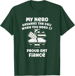 Proud EMT Fiancé Thin White Line American Flag T-Shirt - T-Shirt | Forest