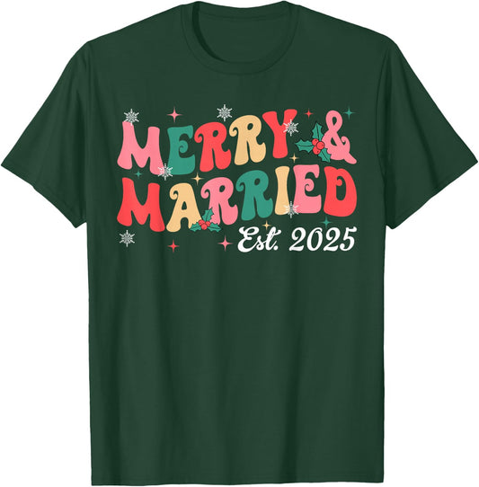 Merry And Married 2025 Groovy Christmas Couples Matching T-Shirt - T-Shirt | Forest