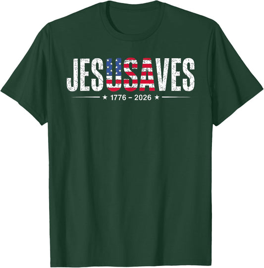 Jesus Saves JesUSAves USA American Flag 4th July Christian T-Shirt - T-Shirt | Forest