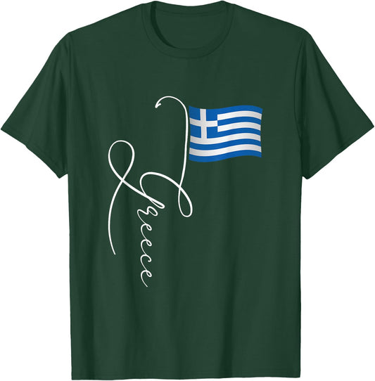 Family Heritage Gifts Greece Signature Flag Pole - -Adults & Kids, Black, Short Sleeve, Classic Fit, , Retro Greek Flag Design T-Shirt - T-Shirt | Forest