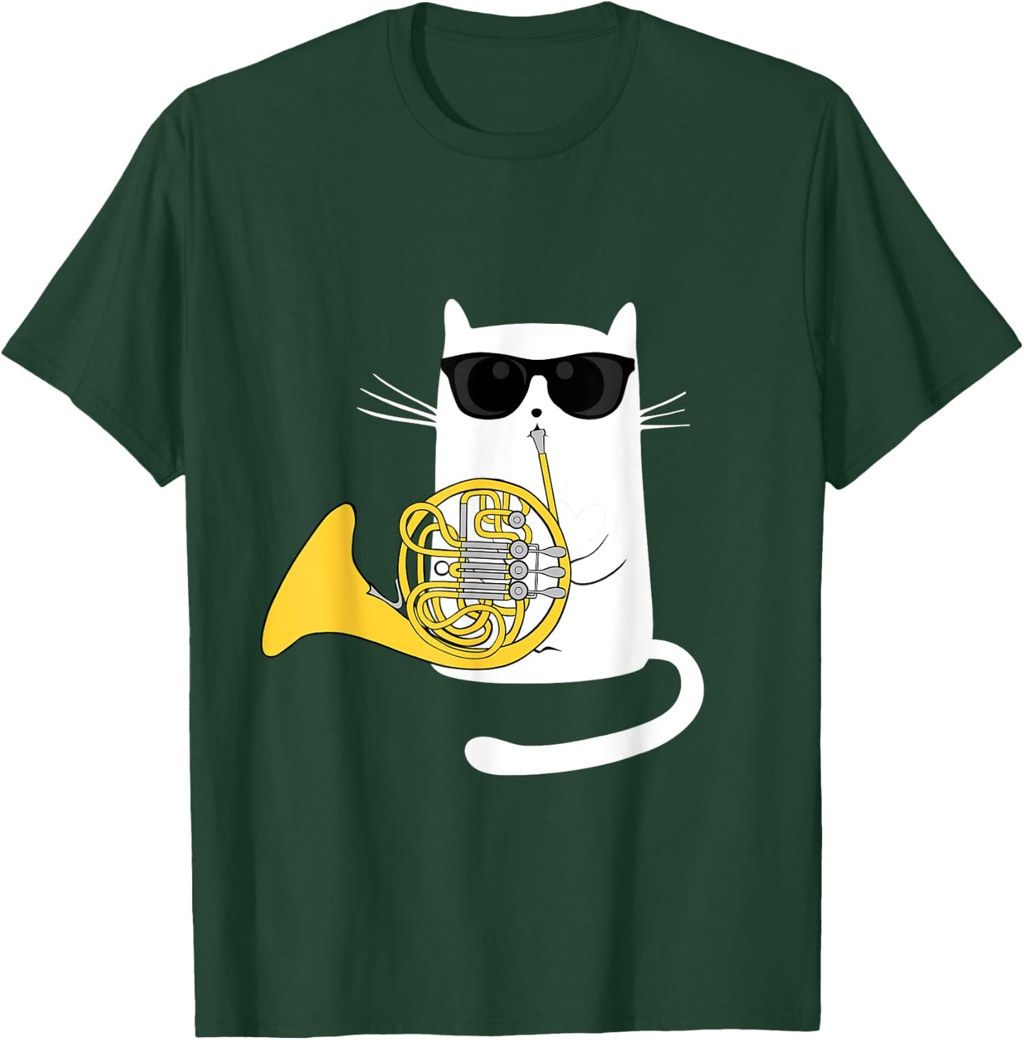 Funny Jazz Cat Wearing Sunglasses Playing French Horn Men Women Girls Kids T-Shirt - T-Shirt | Forest