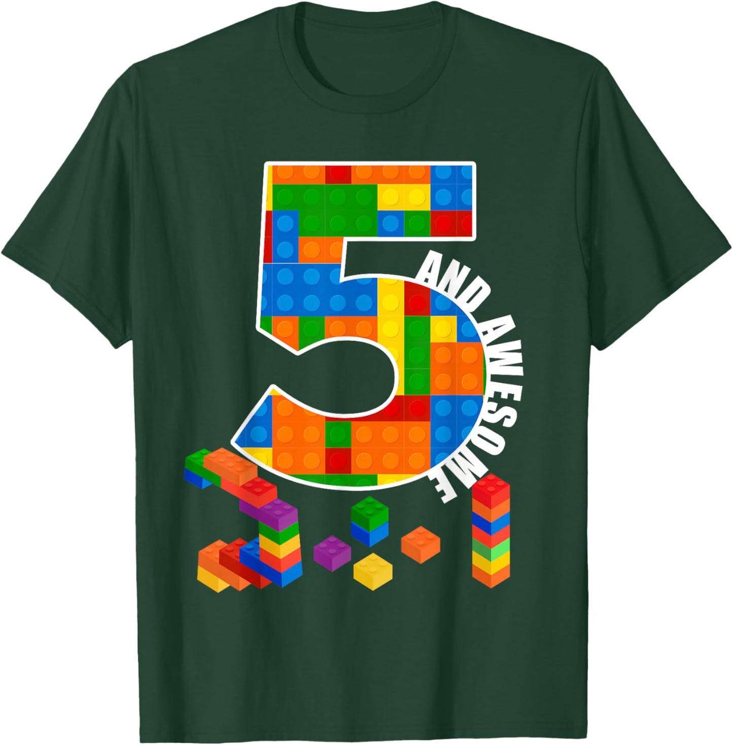 Building Blocks Bricks 5 Year Old Awesome Birthday Boy T-Shirt - T-Shirt | Forest