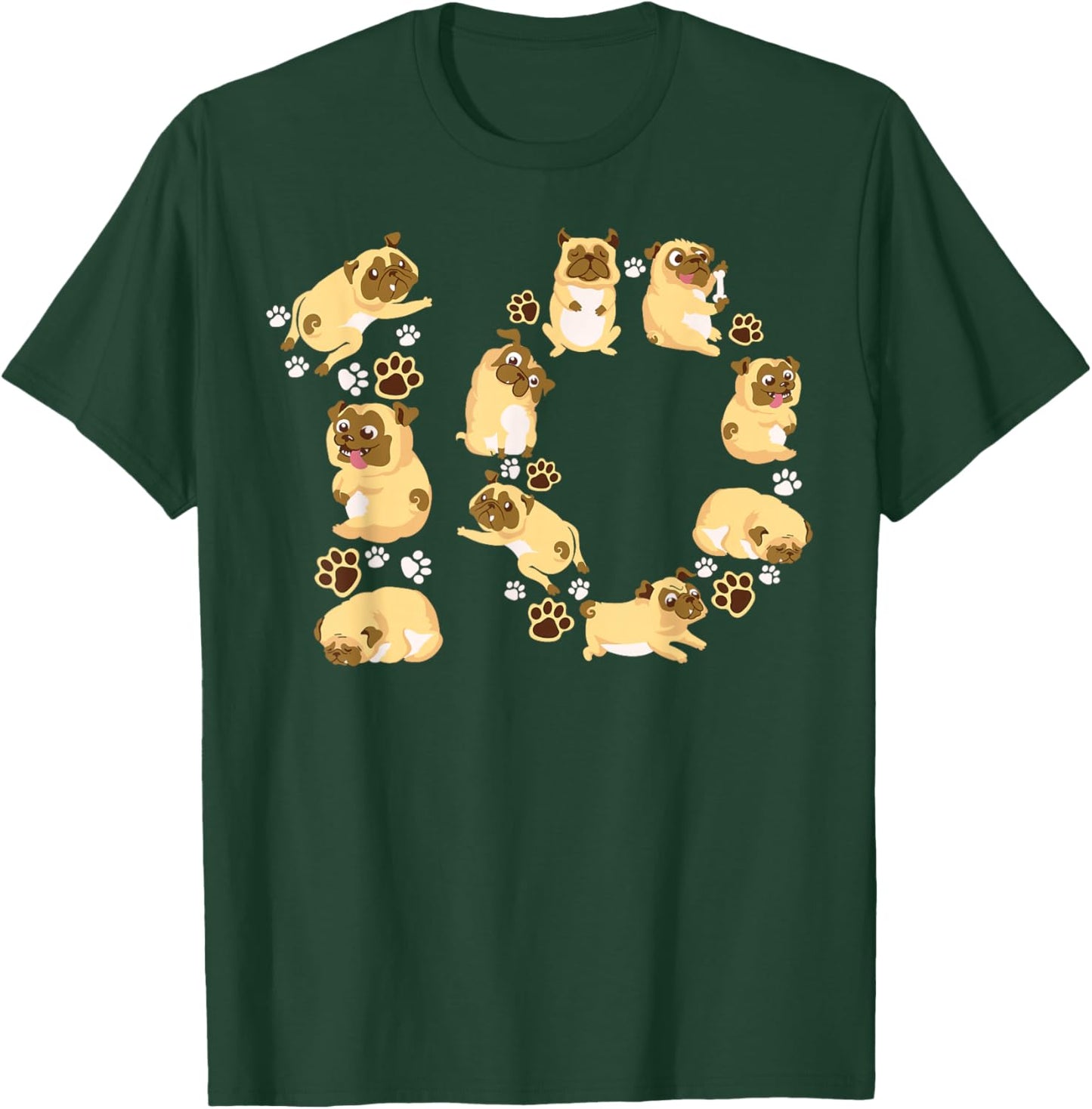 Cute Dog 10th Birthday Gift | Cool 10 Years Old Pug Boy Girl T-Shirt - T-Shirt | Forest