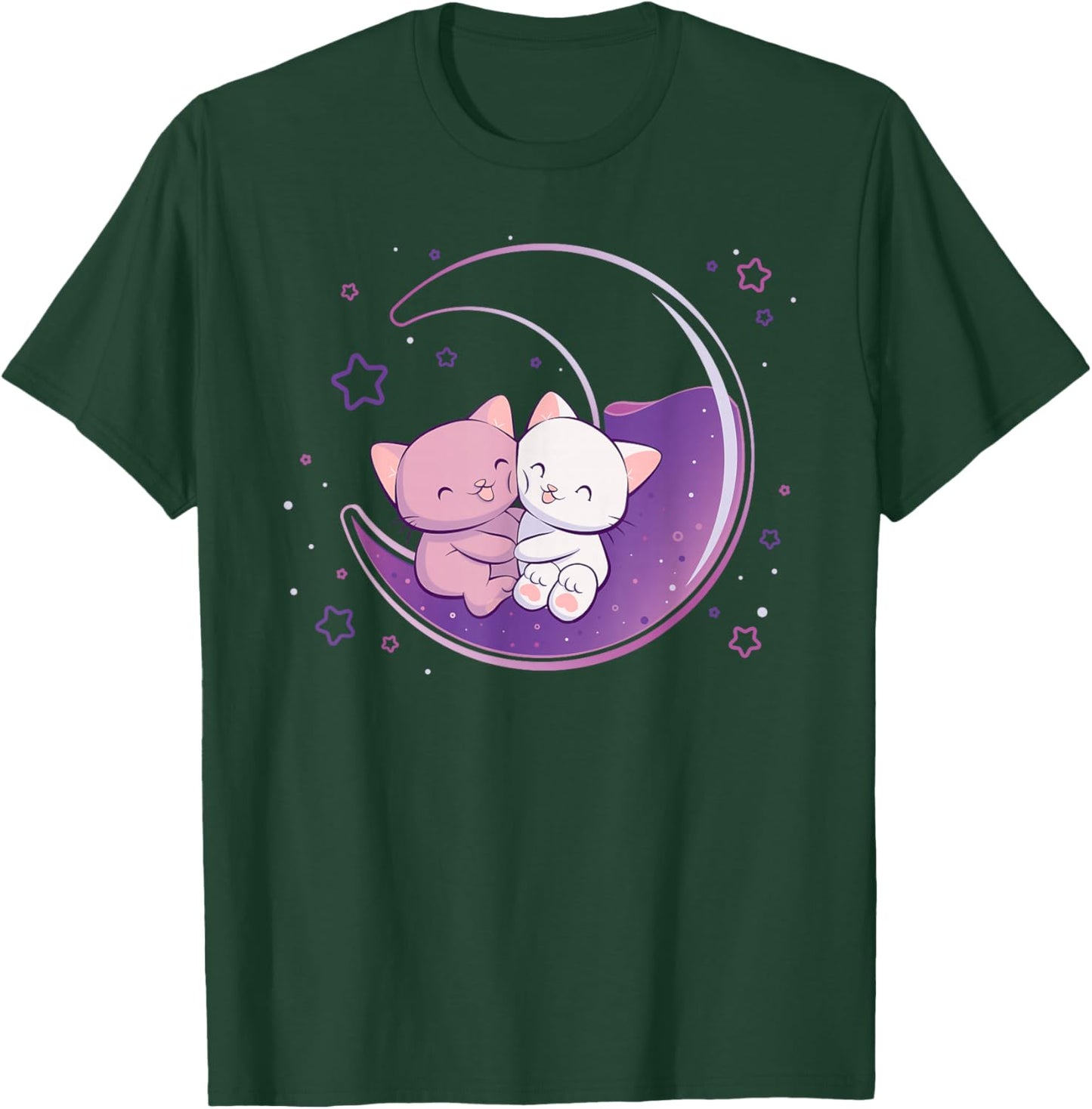 Cute Cats on Purple Moon Kawaii Anime T-Shirt - T-Shirt | Forest