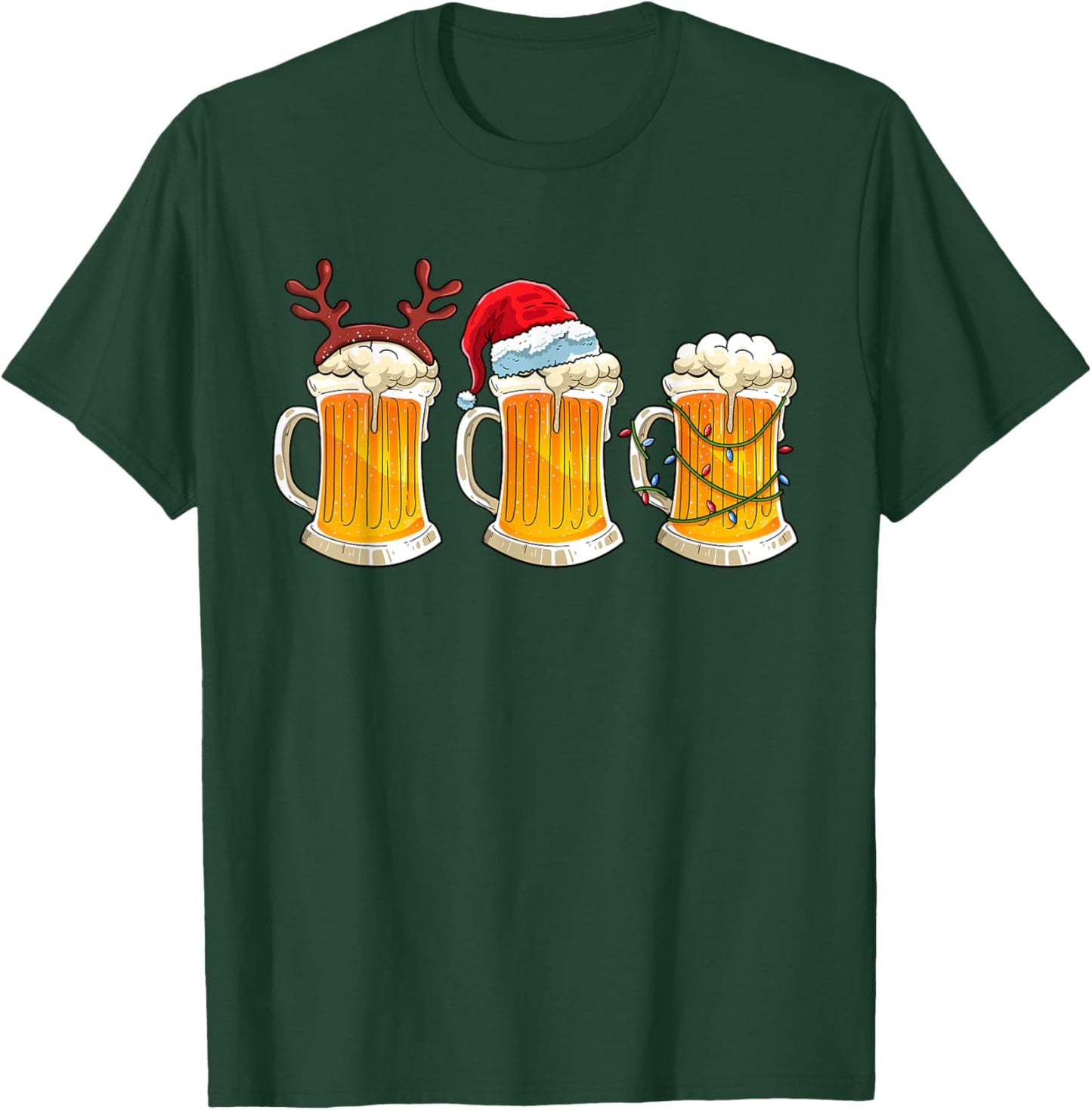 Beer Christmas Mug Santa Hat Reinbeer Xmas Lights Men Gift T-Shirt - T-Shirt | Forest