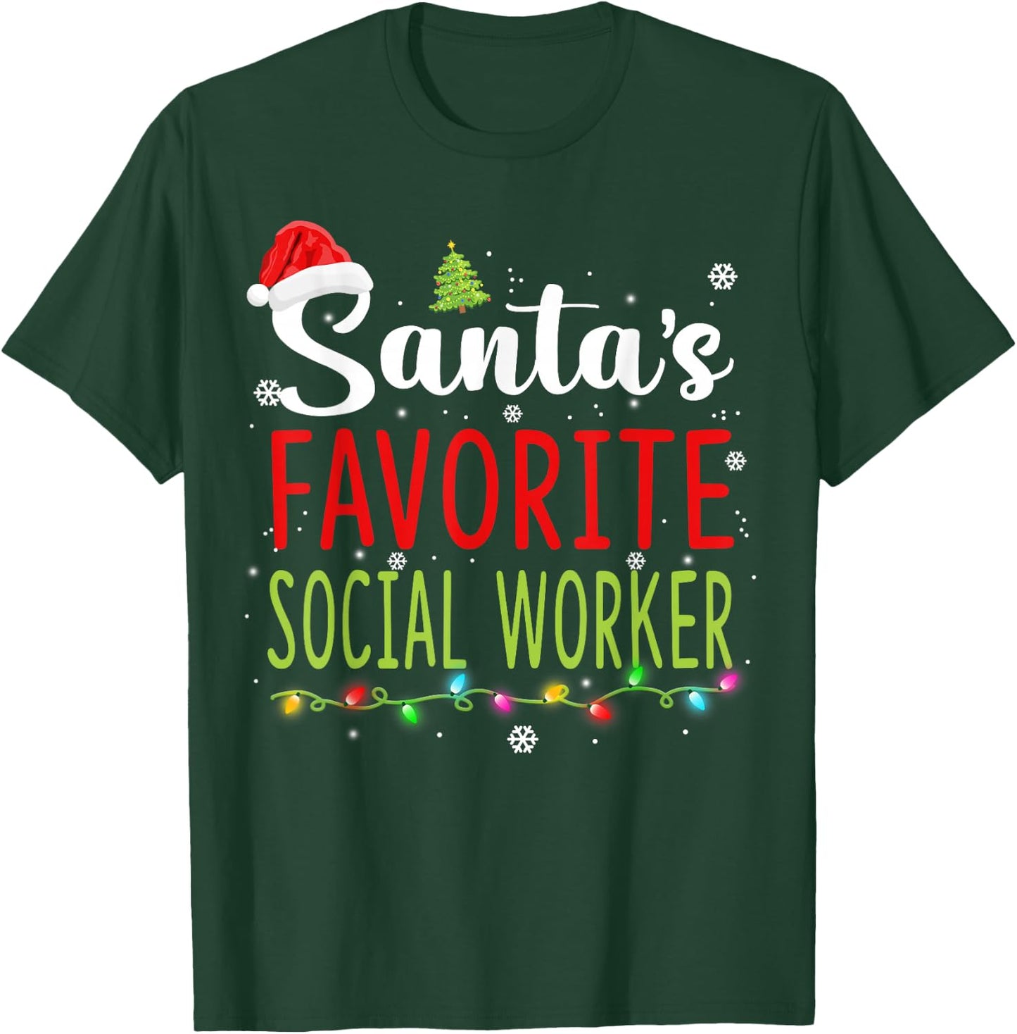 Santa's Favorite Social Worker Christmas Santa Hat Lights T-Shirt - T-Shirt | Forest