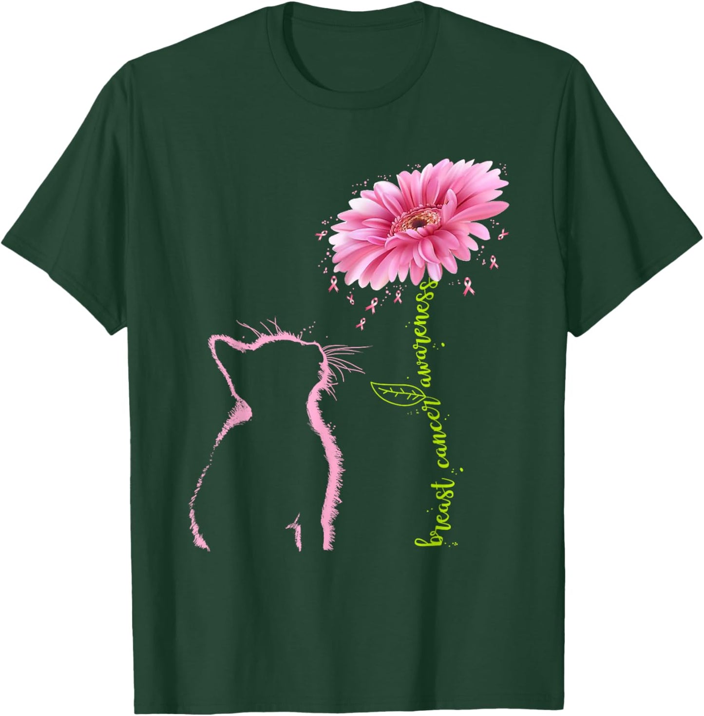 Breast Cancer Awareness Pink Ribbon Daisy Flower Cat Lovers T-Shirt - T-Shirt | Forest