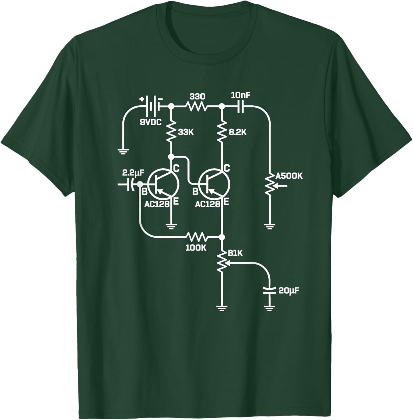 Fuzz Pedal Schematic Circuit Handwired Musician Gift T-Shirt - T-Shirt | Forest
