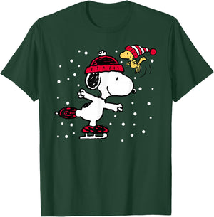 Peanuts Snoopy and Woodstock Skate Holiday Short Sleeve T-Shirt - T-Shirt | Forest