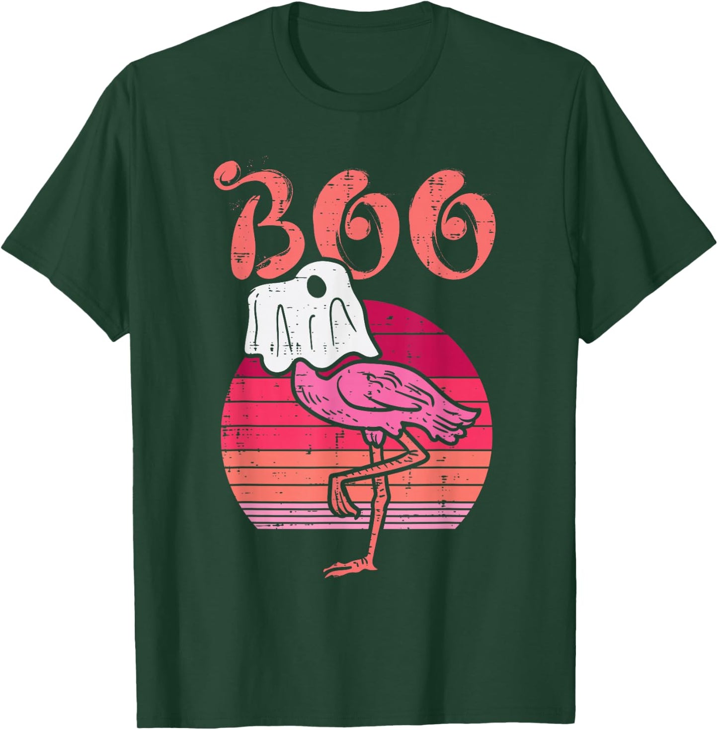 Flamingo Ghost Boo Pink Sunset Retro Halloween Bird Animal T-Shirt - T-Shirt | Forest