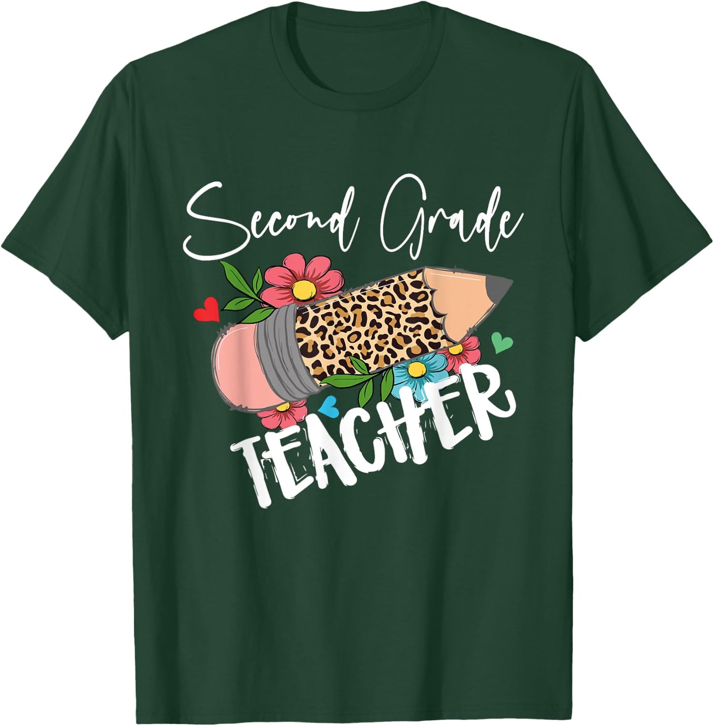 Second Grade Teacher Leopard Pencil 2nd Grade Women Teacher T-Shirt - T-Shirt | Forest