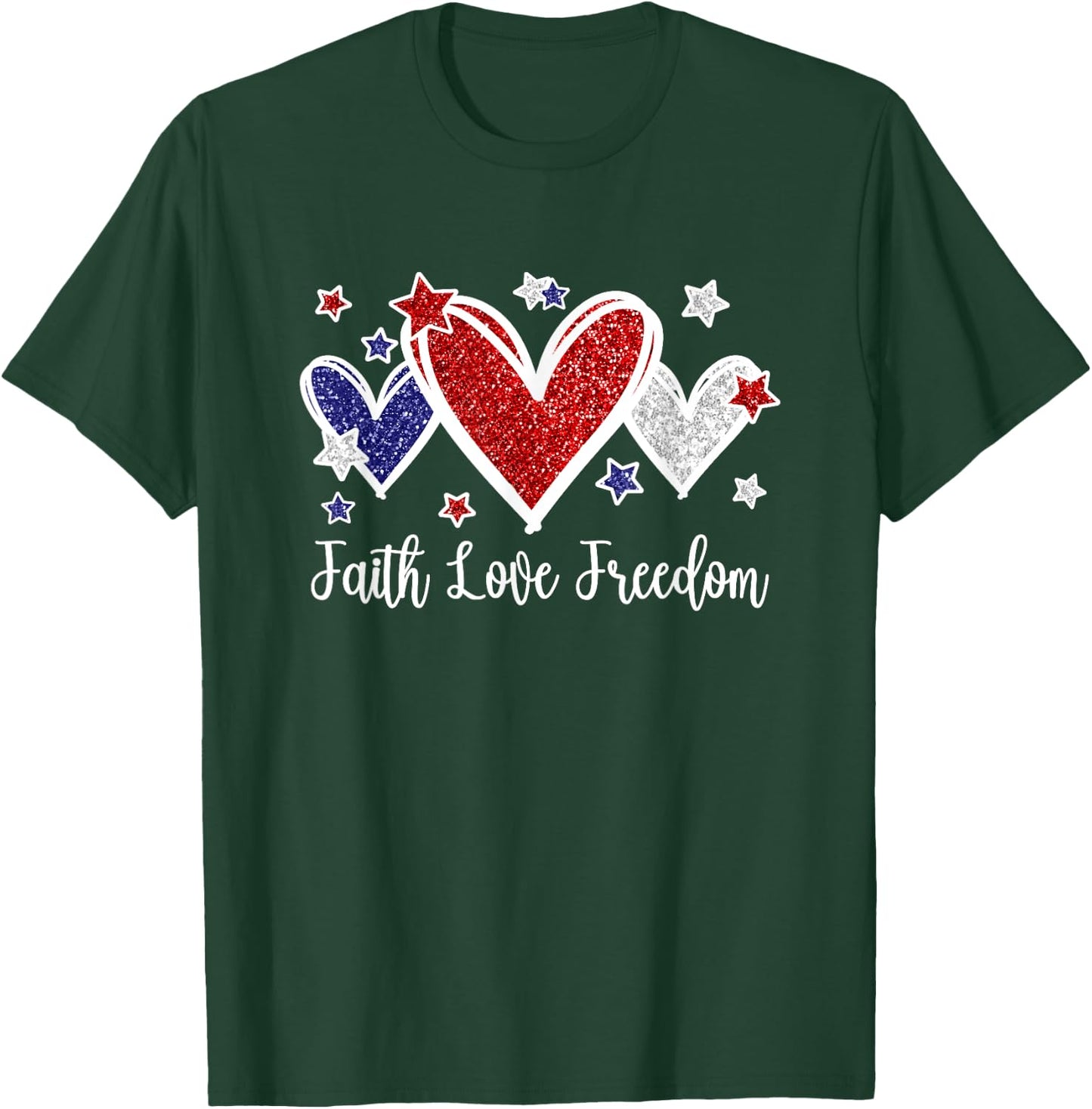 Faith Love Freedom Patriotic American Flag Hearts T-Shirt - T-Shirt | Forest