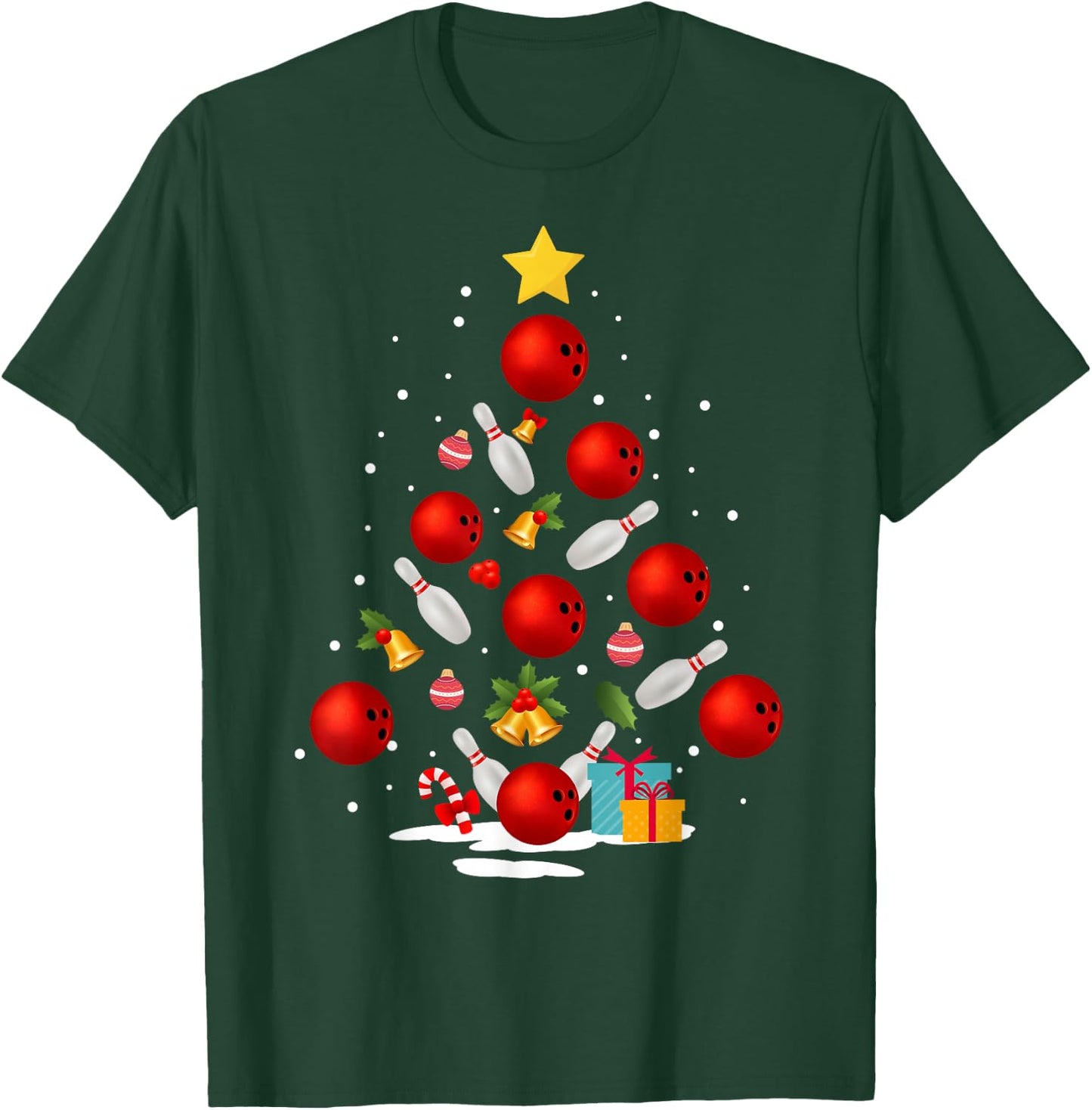 Funny Bowling Christmas Tree Lights Xmas Gifts Women Short Sleeve T-Shirt - T-Shirt | Forest