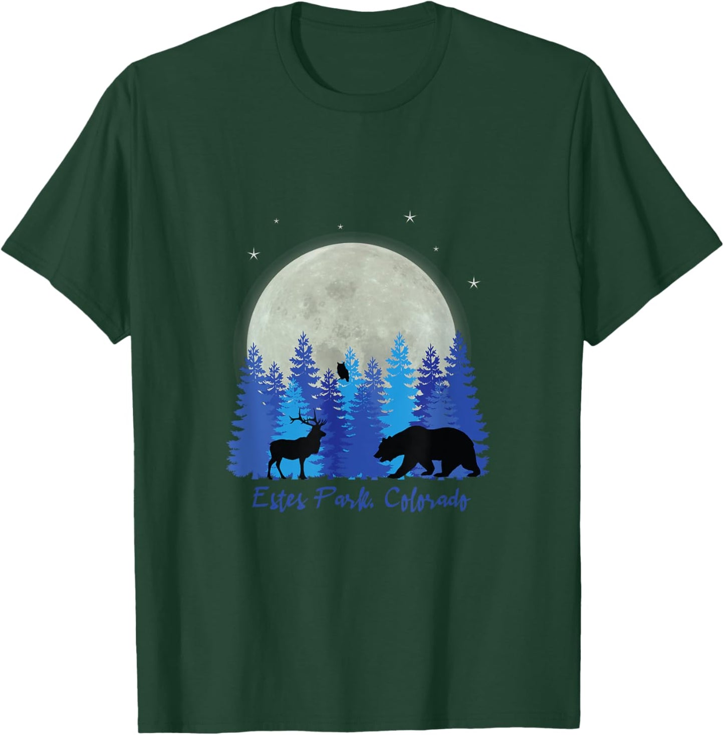 Estes Park Colorado with elk in front of forest and moon. T-Shirt - T-Shirt | Forest