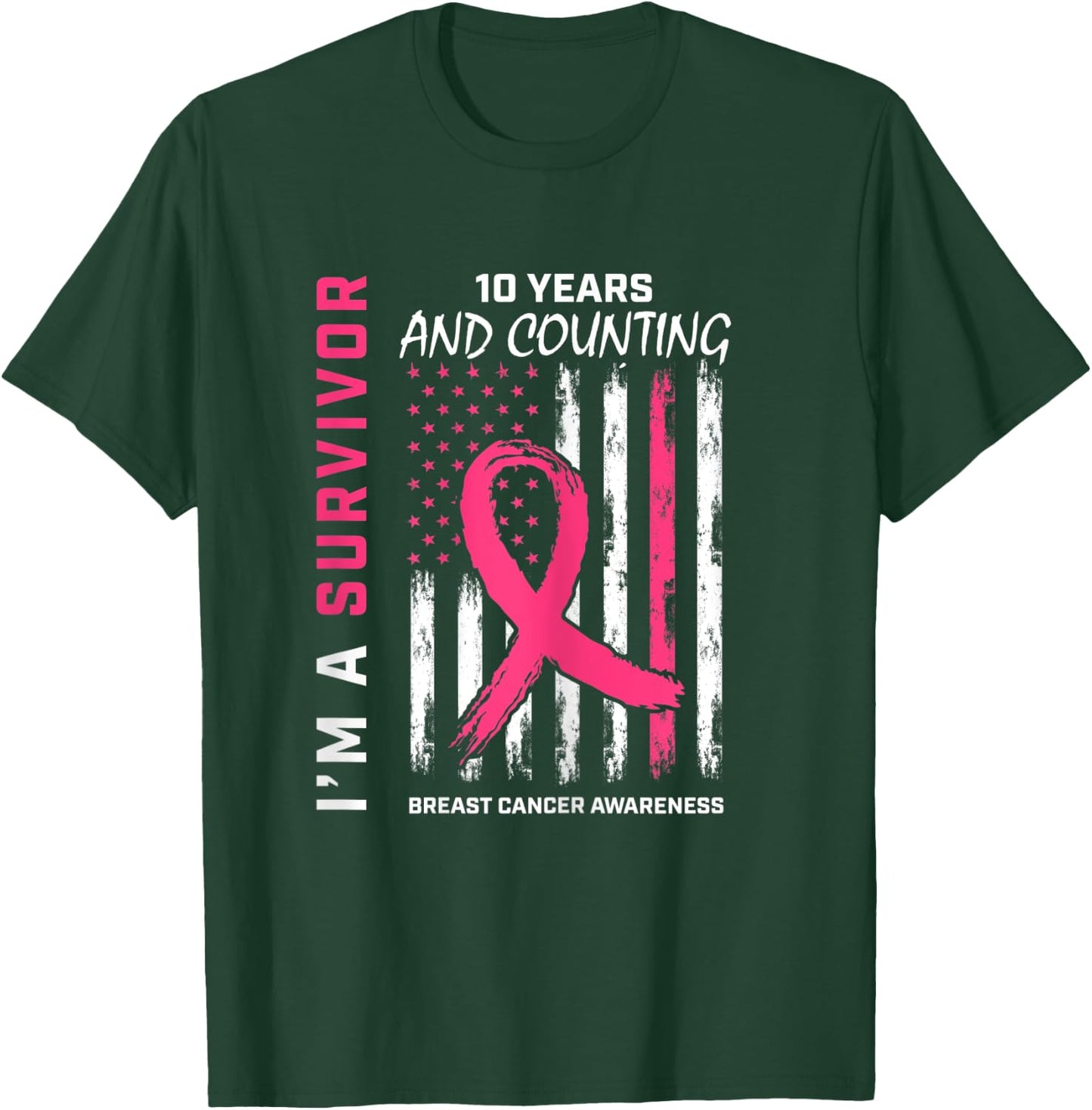 American Flag Pink Awareness 10 Year Breast Cancer Survivor T-Shirt - T-Shirt | Forest