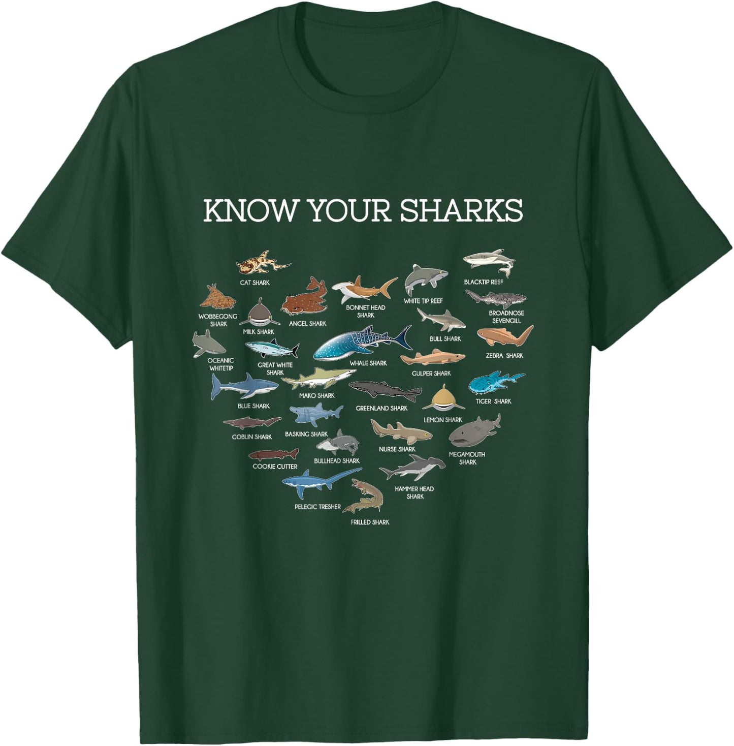 Shark Faces Types Of Sharks Gift Marine Biology Ocean Shark T-Shirt - T-Shirt | Forest