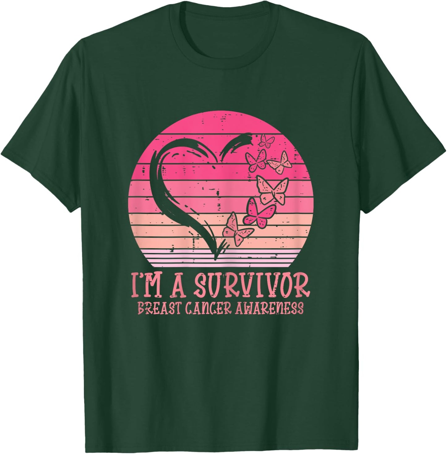 Im A Survivor Heart Butterfly Breast Cancer Awareness Gift T-Shirt - T-Shirt | Forest