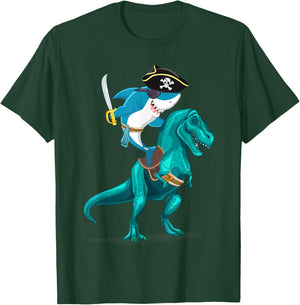 Shark Pirate Riding T Rex Kid Boy Son Grandson Shirt T-Shirt - T-Shirt | Forest