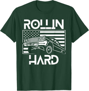 Rollin Hard Lowrider Chicano American Flag Cholo Car Lover T-Shirt - T-Shirt | Forest