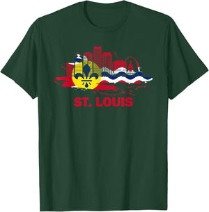 St. Louis City Flag Downtown Skyline - St. Louis Skyline T-Shirt - T-Shirt | Forest
