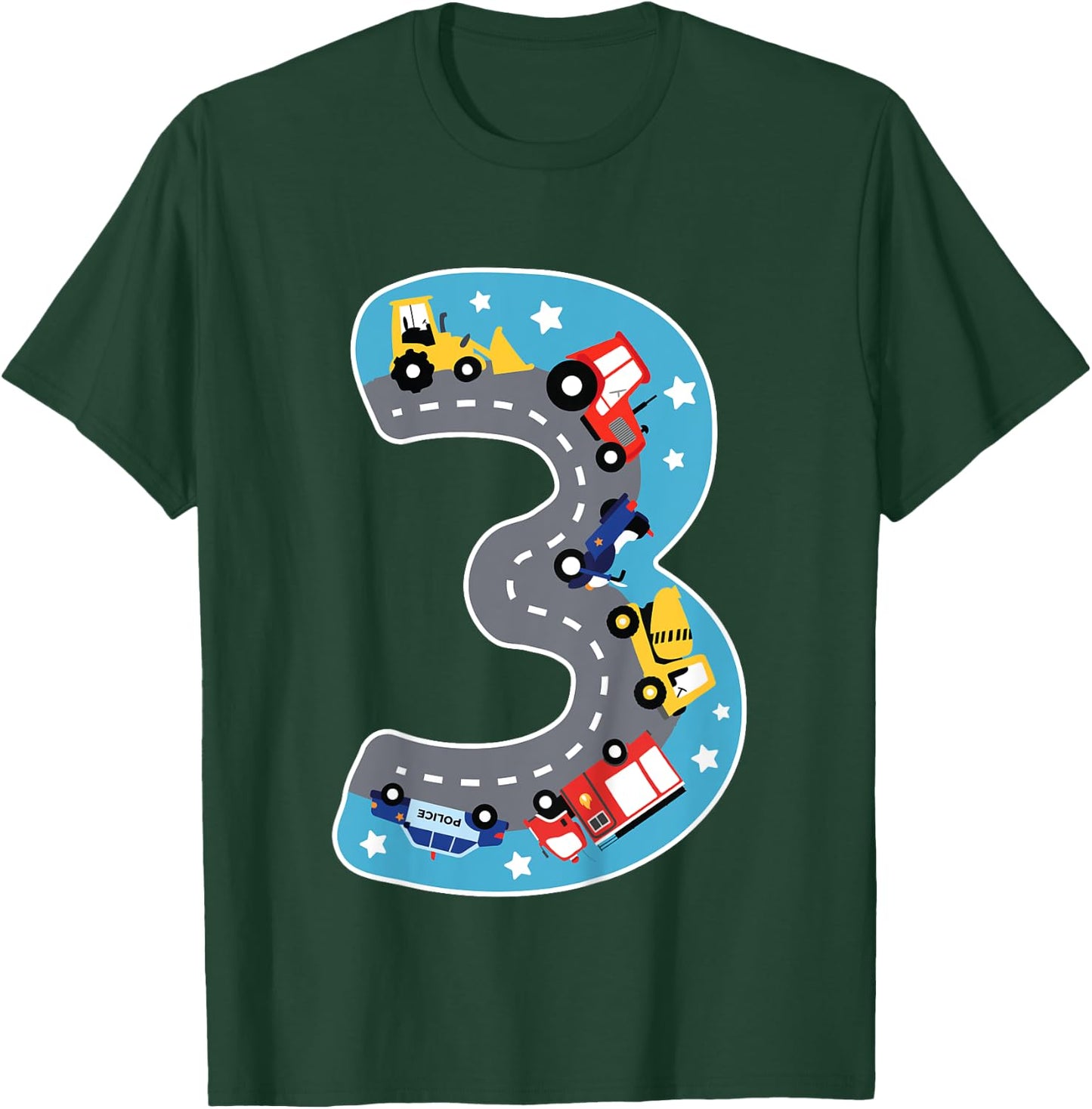 Kids Boys Construction Machinery Fire Brigade Police 3rd Birthday T-Shirt - T-Shirt | Forest