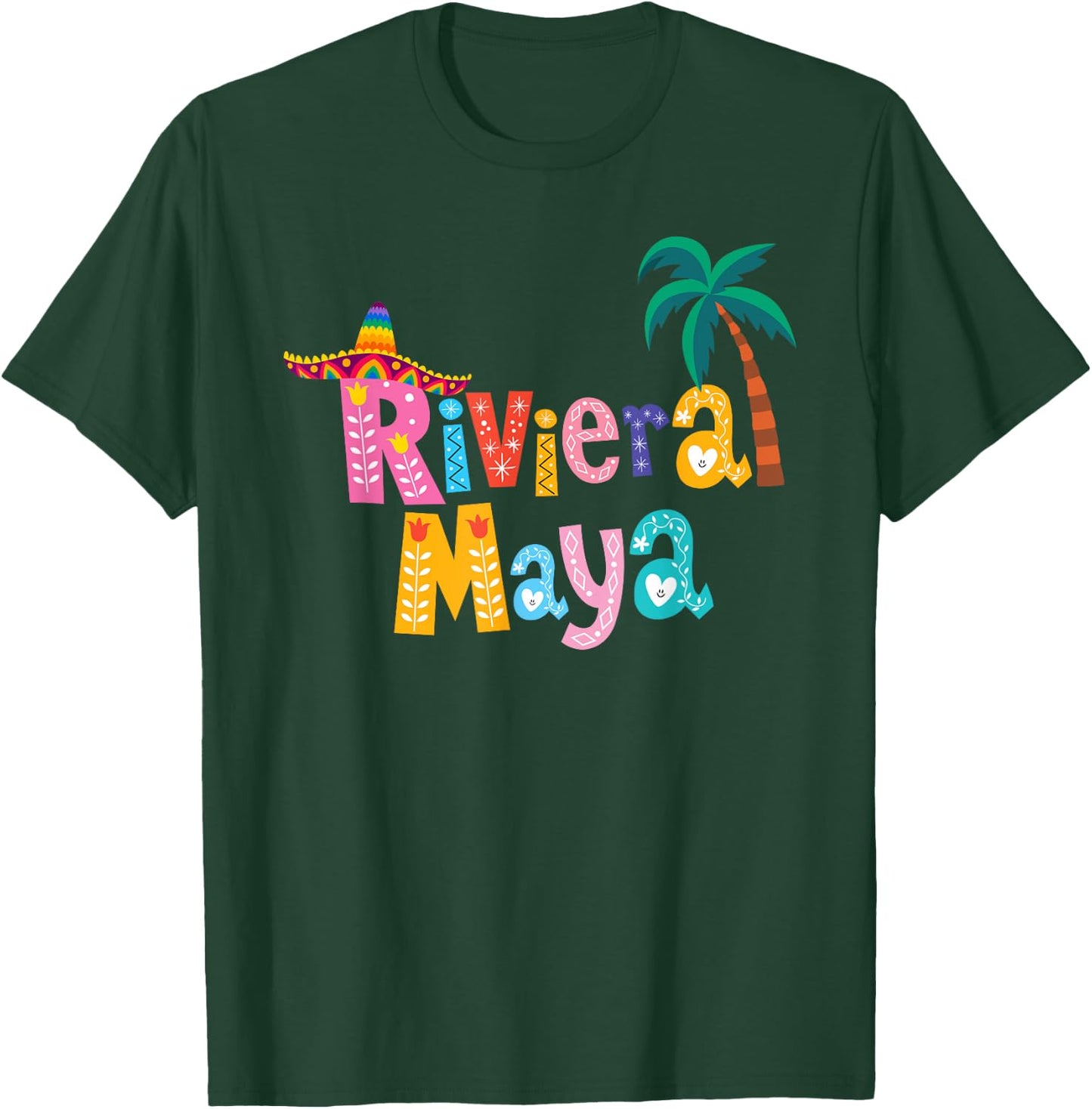 Riviera Maya Mexico Sombrero Palm Tree Colorful Typography T-Shirt - T-Shirt | Forest