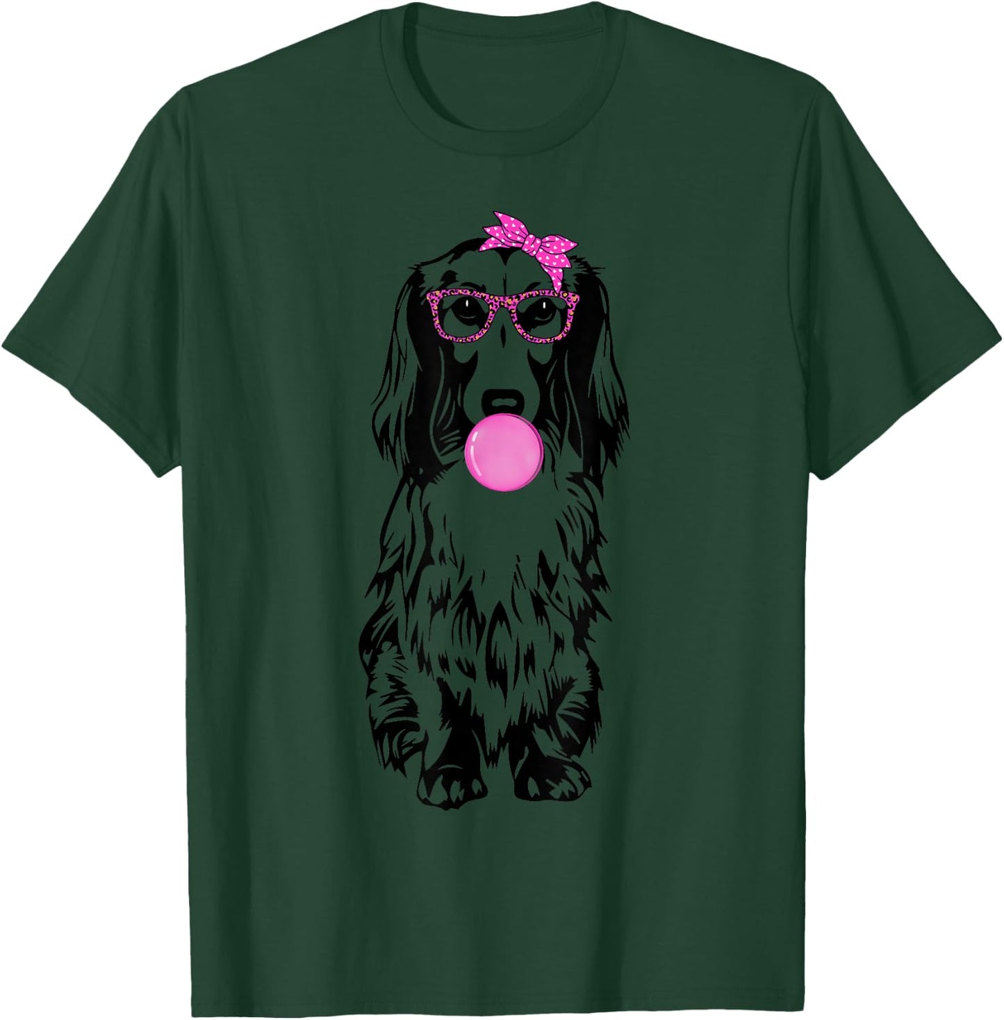 Longhaired Dachshund dog with bubble gum bandana glasses T-Shirt - T-Shirt | Forest