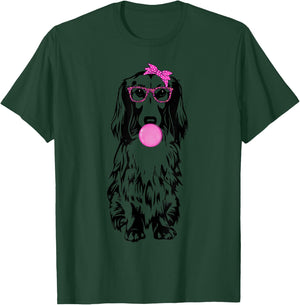 Longhaired Dachshund dog with bubble gum bandana glasses T-Shirt - T-Shirt | Forest