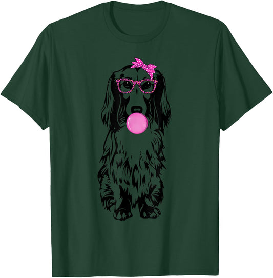 Longhaired Dachshund dog with bubble gum bandana glasses T-Shirt - T-Shirt | Forest