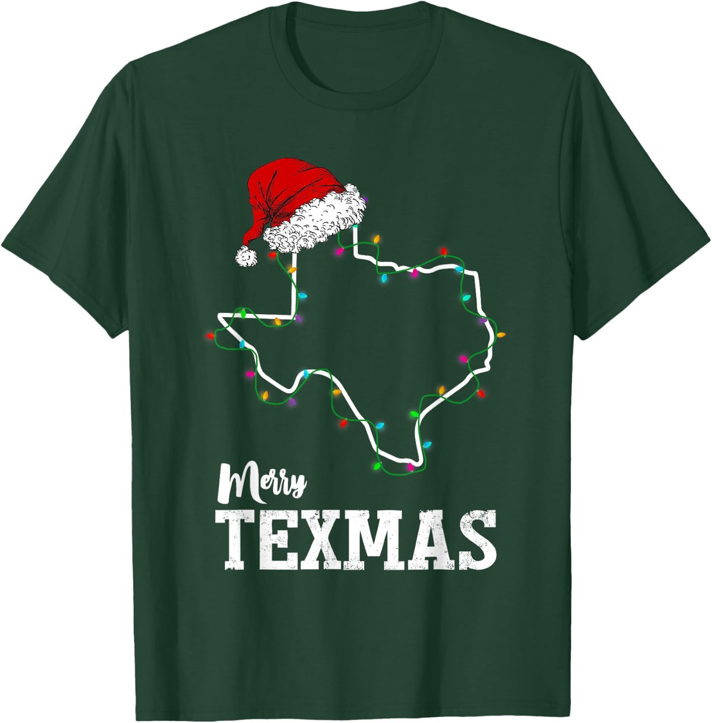 Merry Texmas Texas State Christmas Light Outline Santa Hat T-Shirt - T-Shirt | Forest