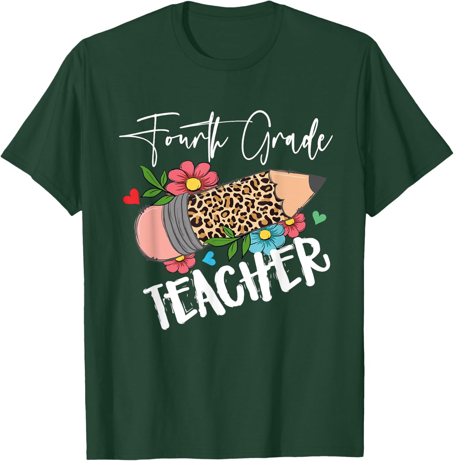 Fourth Grade Teacher Leopard Pencil 4th Grade Teacher T-Shirt - T-Shirt | Forest