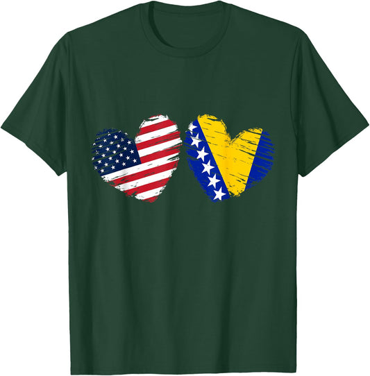 USA Bosnia and Herzegovina Flag Heart Bosnian American T-Shirt - T-Shirt | Forest