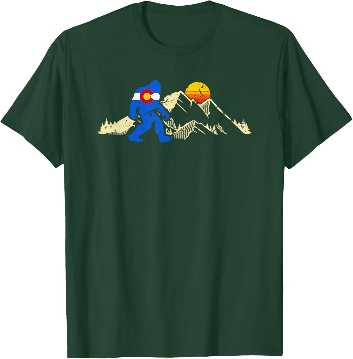 Retro Bigfoot Sun & Mountain State Flag of Colorado T-Shirt - T-Shirt | Forest