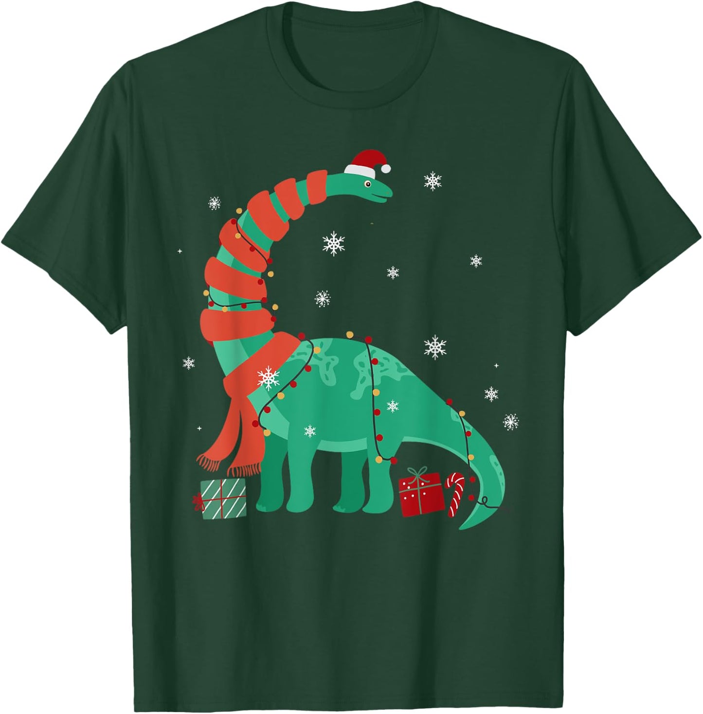 Funny Christmas Dinosaur Santa Xmas Lights Brontosaurus T-Shirt - T-Shirt | Forest
