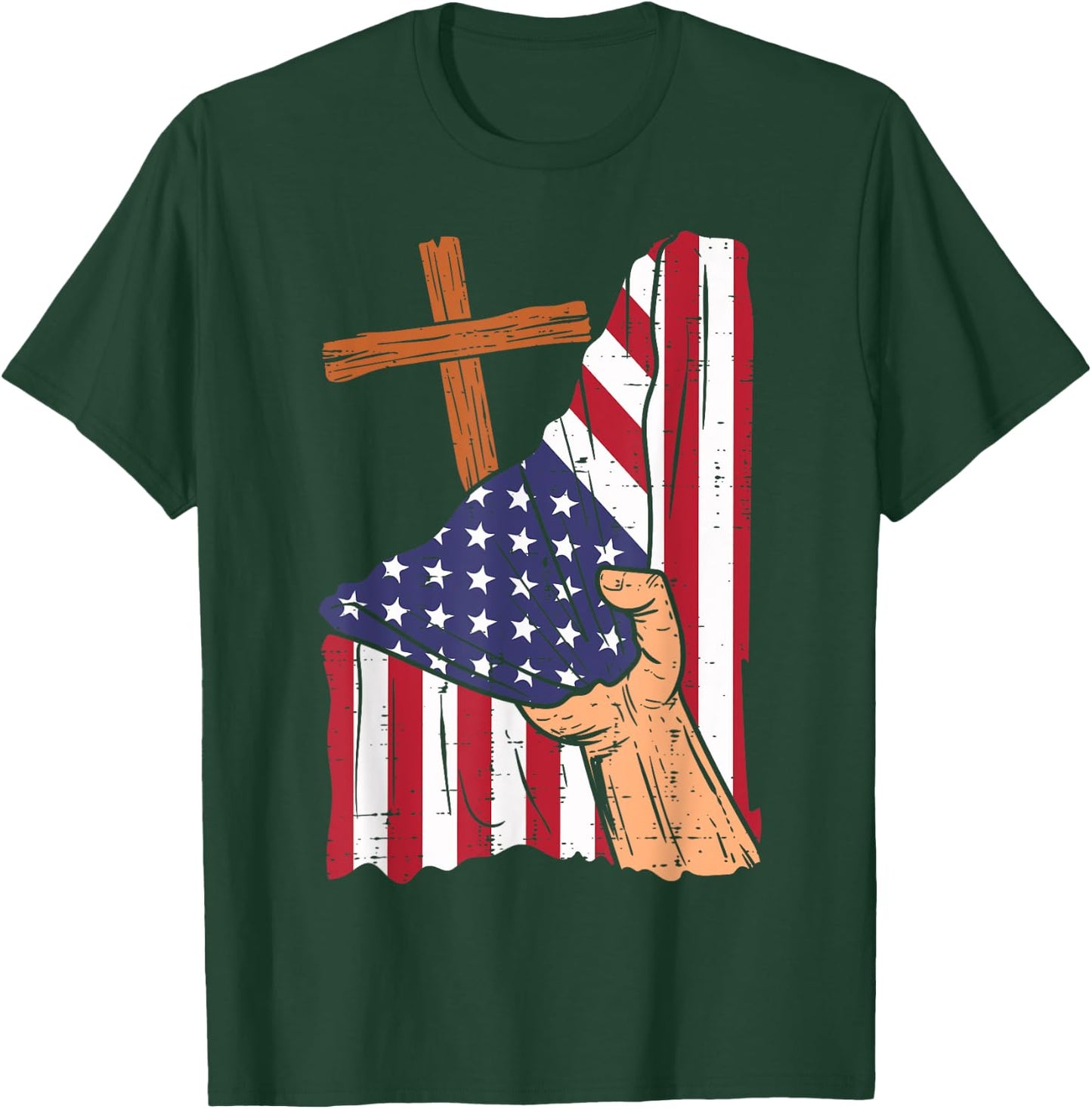 Cross Behind US Flag Religious God Jesus Patriotic Christian T-Shirt - T-Shirt | Forest