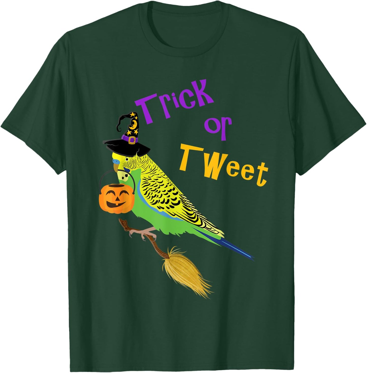 Halloween Trick or Tweet green budgie cute graphic bird T-Shirt - T-Shirt | Forest