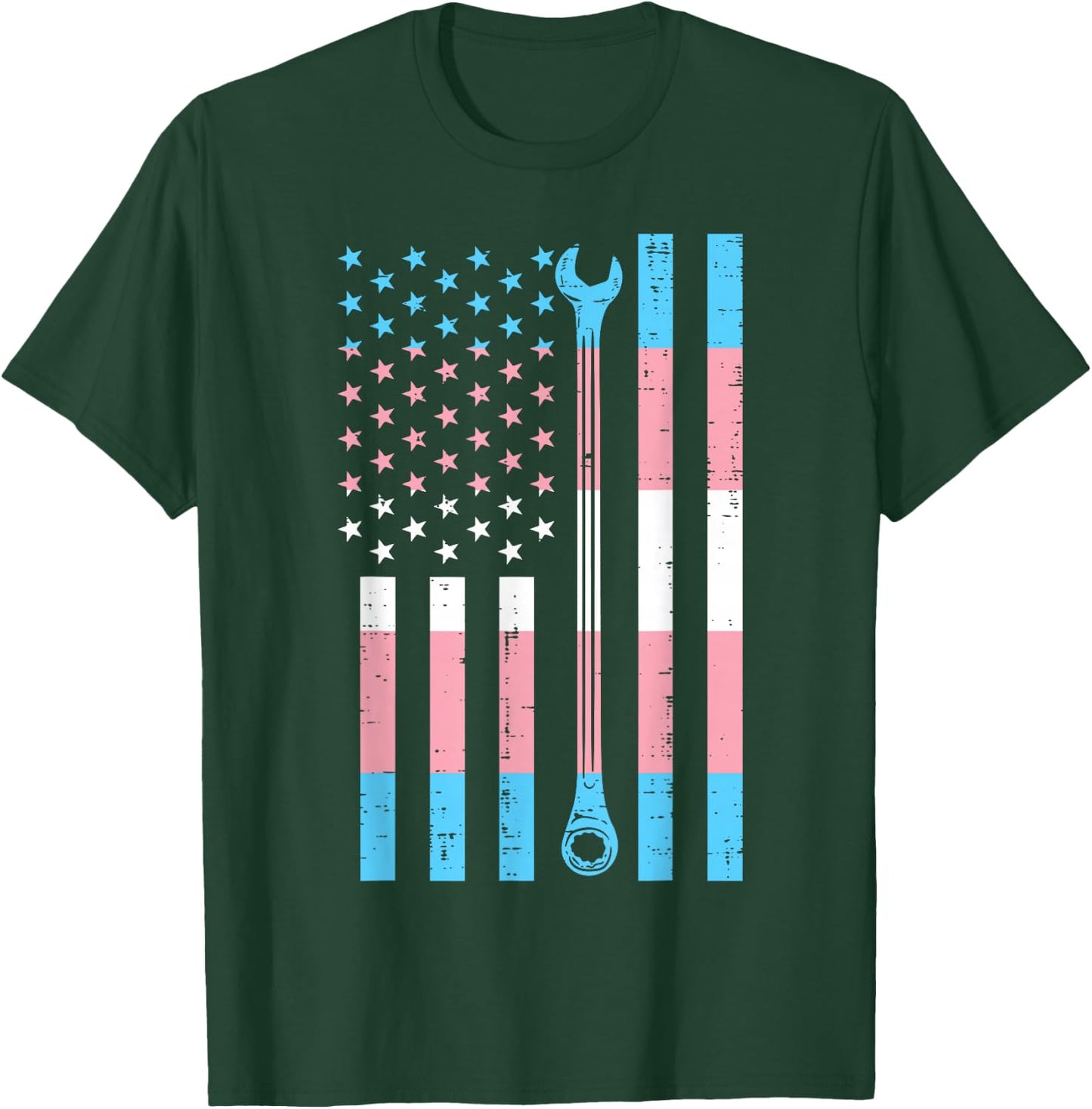 US America Flag Wrench Transgender Trans Pride LGBT Mechanic T-Shirt - T-Shirt | Forest