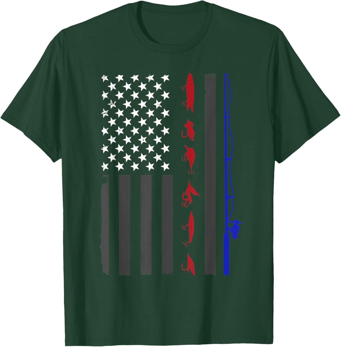 American Flag Fishing Vintage Fishing Pole and Lures Women Kids Men T-Shirt - T-Shirt | Forest