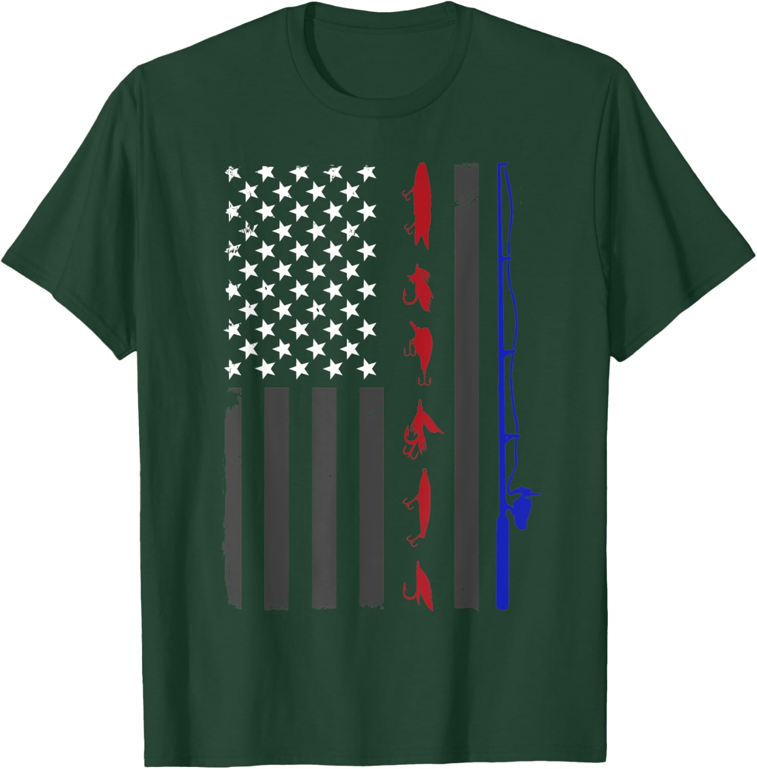 American Flag Fishing Vintage Fishing Pole and Lures Women Kids Men T-Shirt - T-Shirt | Forest