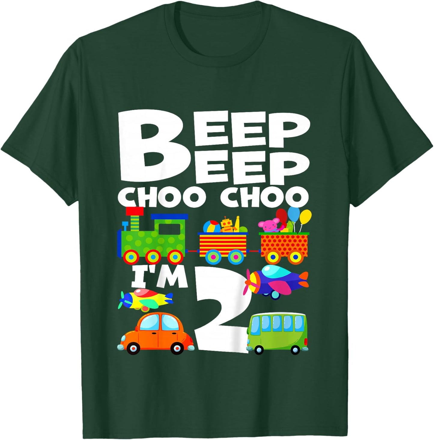 I'm 2 Beep Choo Boy Girl 2nd Birthday Train Cars Airplanes T-Shirt - T-Shirt | Forest
