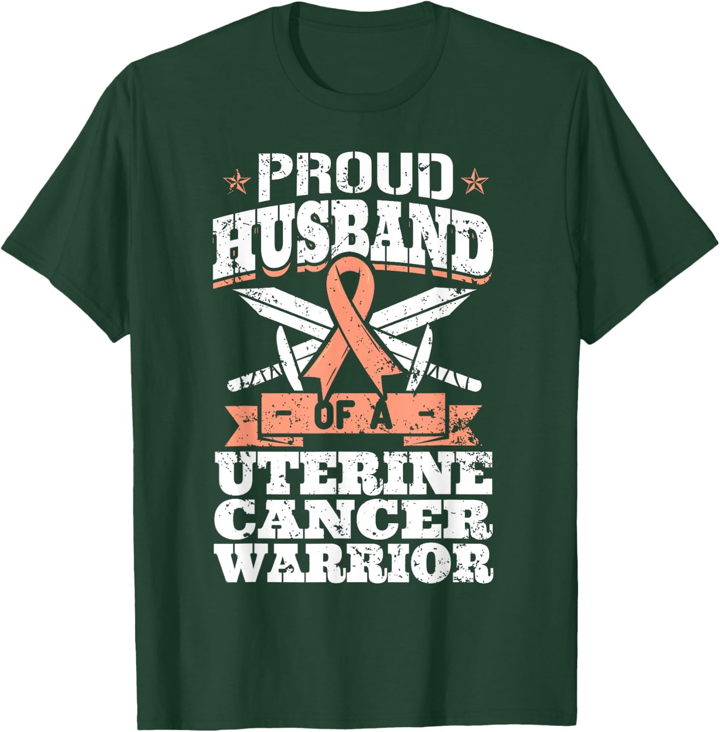 Proud Husband Of A Uterine Cancer Warrior Awareness Ribbon T-Shirt - T-Shirt | Forest