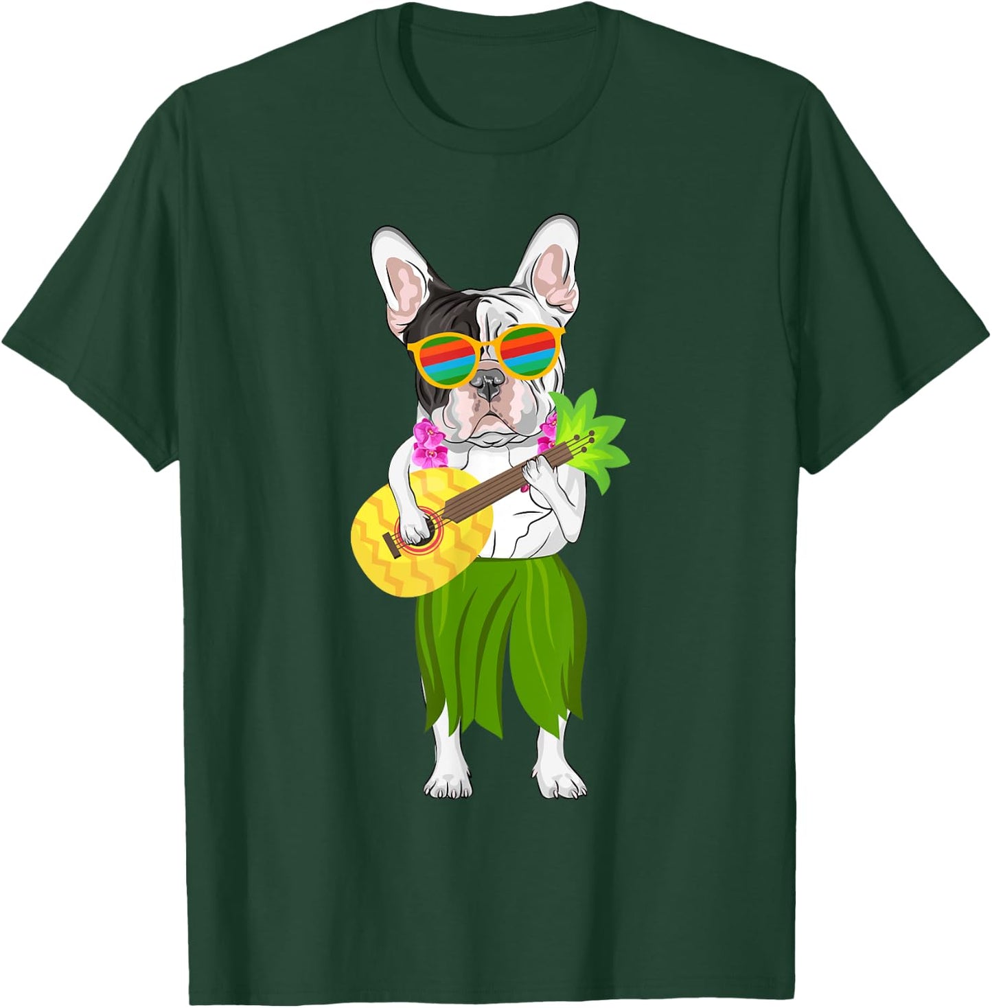 Hawaiian French Bulldog & Pineapple Ukulele Summer Vacation T-Shirt - T-Shirt | Forest