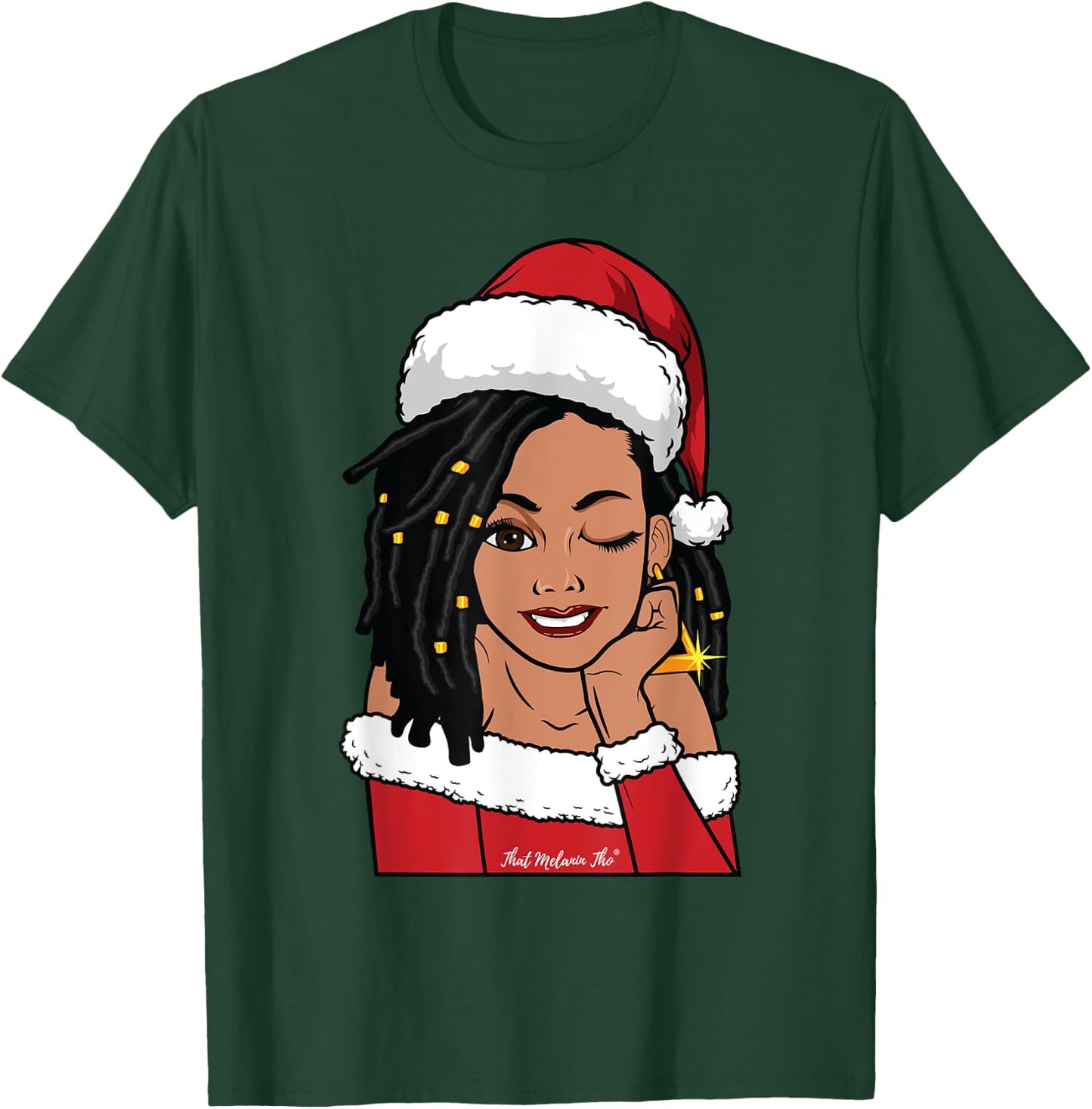 Black Mrs. Claus Locs Winking African American Christmas T-Shirt - T-Shirt | Forest