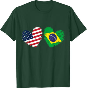 USA Brazil Flag Heart Valentines Day Brazilian American T-Shirt - T-Shirt | Forest