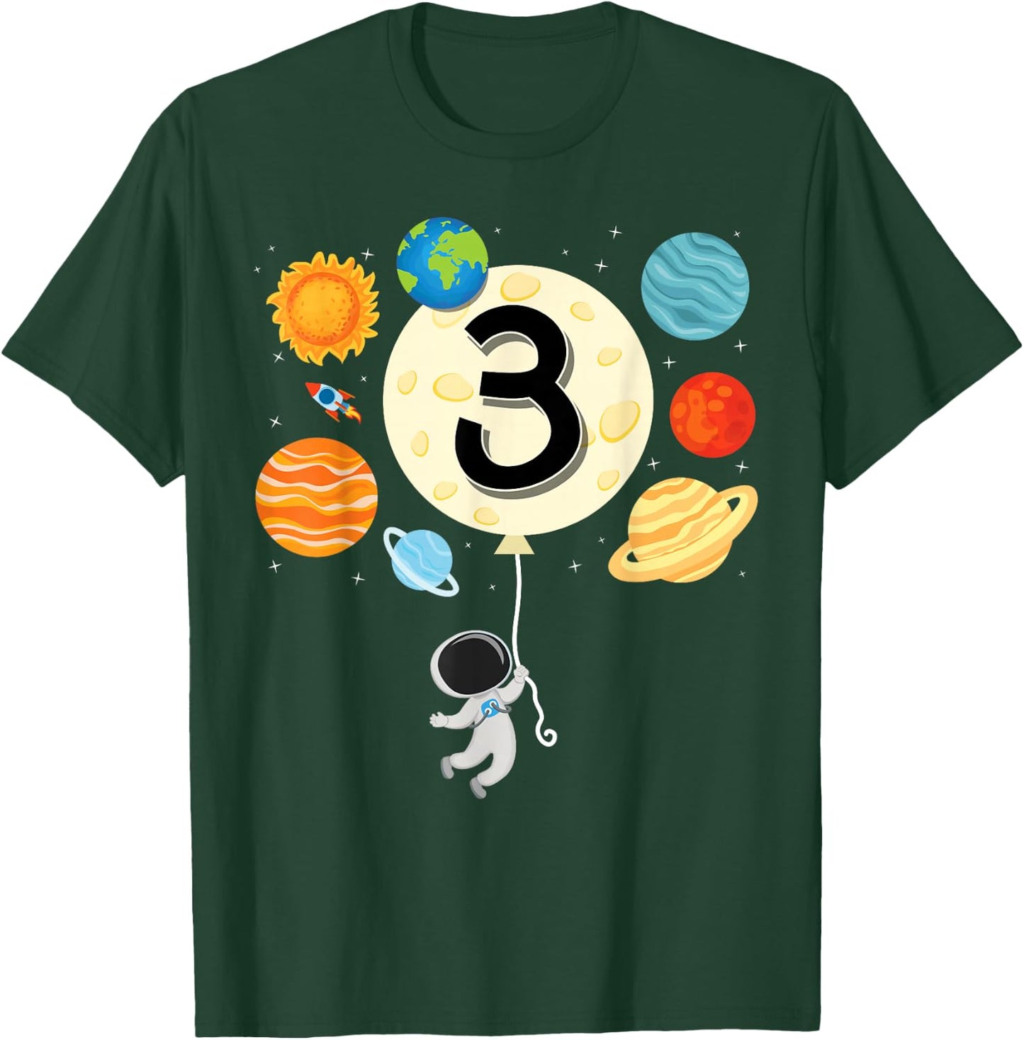 Astronaut Balloon Planets 3rd Birthday Space 3 Year Old Kids T-Shirt - T-Shirt | Forest