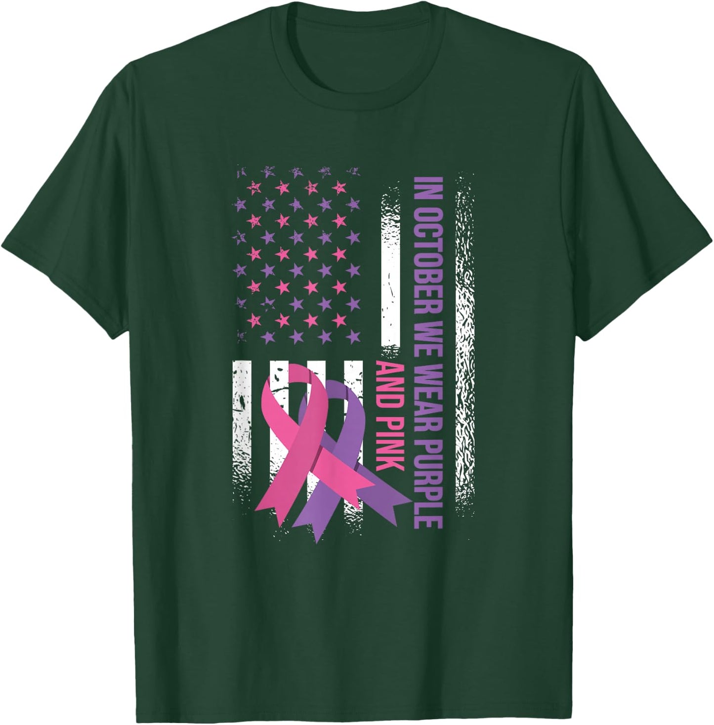 American Flag Breast Cancer and Domestic Violence Awareness T-Shirt - T-Shirt | Forest